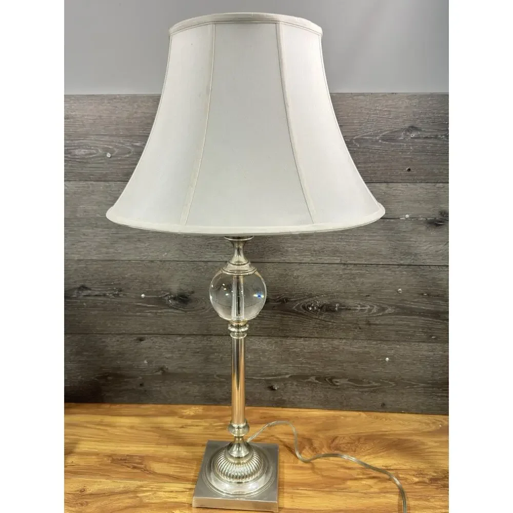 Restoration Hardware Polished Nickel Crystal Ball Table Lamp 32” Original Shade